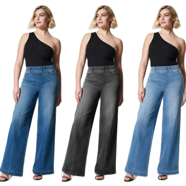 2023 Hot Sale Women's High Stretch Elastic Waist Jeans Fashion Mid Waist Denim Wide Leg Pants Casual Female Trousers S-2XL
