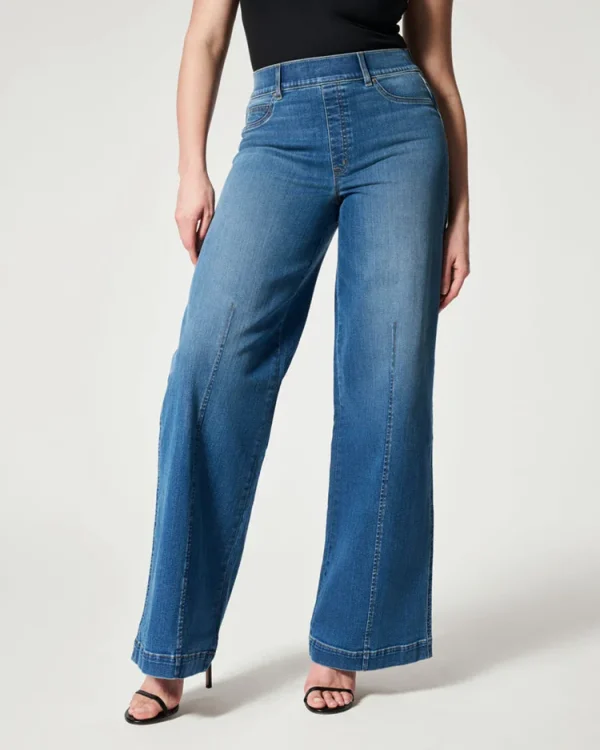 2023 Hot Sale Women's High Stretch Elastic Waist Jeans Fashion Mid Waist Denim Wide Leg Pants Casual Female Trousers S-2XL - Image 4