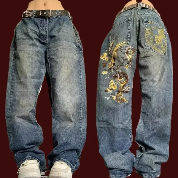 New American Trend Retro Hip-hop Embroidery Pattern Baggy Jeans For Men And Women Y2K Harajuku Gothic Wide Pants Streetwear