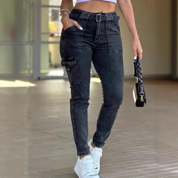Europe and The United States Foreign Trade New Belt Women's Classic Sexy Tight Small Foot Pants High Spring Washed Cargo Jeans