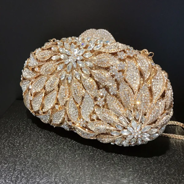 Gold Metal Leaves White Crystals Evening Clutch Bags Luxury Women Wedding Party Purse Ball Handbags Rhinestone Mini heart bag - Image 6