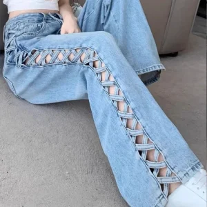 Women Casual Mom Jeans Hollow Out High Waist Trousers Button Zipper Wide Leg Pant Office Lady Loose Spring Club Y2k Streetwear