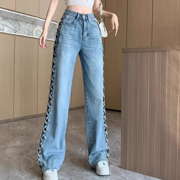 Women Casual Mom Jeans Hollow Out High Waist Trousers Button Zipper Wide Leg Pant Office Lady Loose Spring Club Y2k Streetwear - Image 3