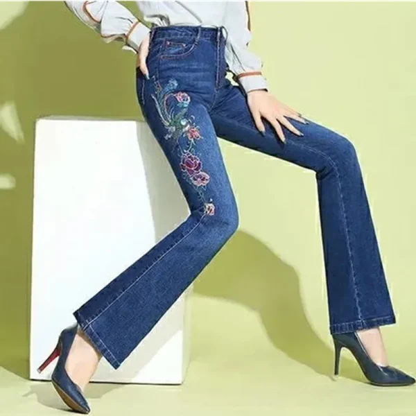Ethnic style Flared Jeans Women Spring 2025 New Slim Embroidered High waisted Elastic Denim Pants Female Casual Trousers Wear - Image 3