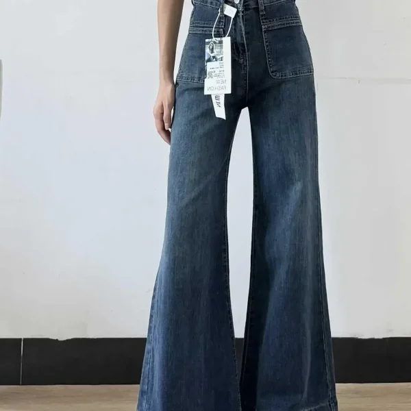 Women's Autumn New Fashion Retro Micro-flared Jeans, Solid Color High-waisted Straight Wide Leg Pants, Loose Floor-length Jeans - Image 3