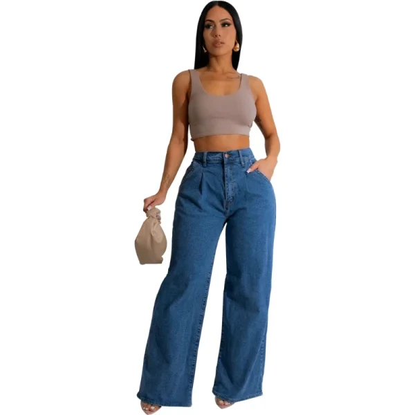 Jeans Women Long Pants Denim Wide Leg Pant Slim Fit Casual Y2k Streetwear Button Pocket High Waist Elegant Straight Trousers - Image 3