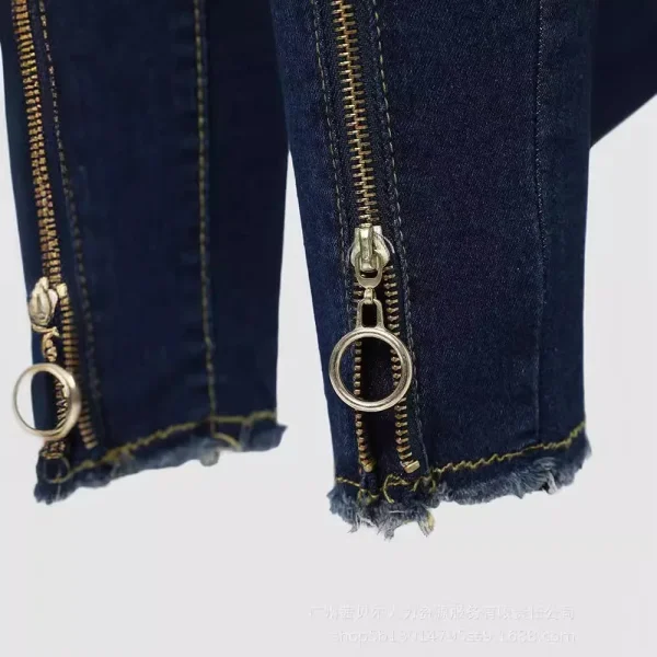 Women Spring Summer 2024 O-Ring Zipper Decor Skinny Jeans Denim Pants Trousers High Waist Jeans Ankle Length - Image 5