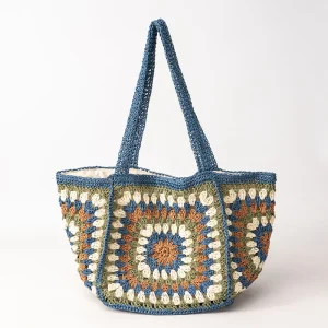 Granny Square Straw Shoulder Bag,Boho Ethnic Contrast Color Crochet Women Tote Bag,Roomy Summer Beach Vacation Handwoven Handbag