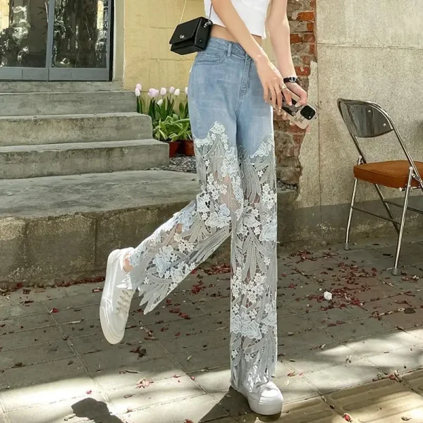 Denim Pant Women Jeans Hollow Out Floral Long Pants Slim Lace High Waist Straight Trousers Y2k Streetwear Splice Mom Party Club - Image 3