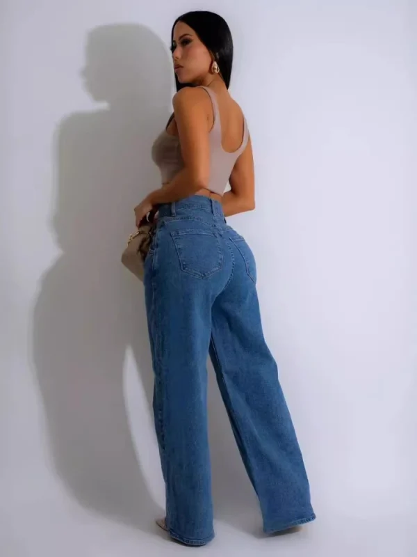 Jeans Women Long Pants Denim Wide Leg Pant Slim Fit Casual Y2k Streetwear Button Pocket High Waist Elegant Straight Trousers - Image 2