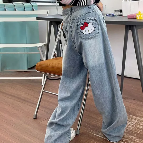 Jeans Harajuku Sanrios Y2K Hello Kitty Trend Anime Kawaii Kt Wide Leg Pants Loose for Women Trouser Street Student Casual Fashio - Image 3