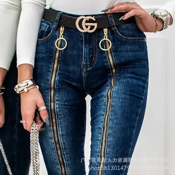 Women Spring Summer 2024 O-Ring Zipper Decor Skinny Jeans Denim Pants Trousers High Waist Jeans Ankle Length - Image 2