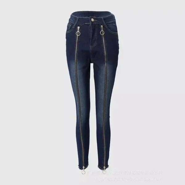 Women Spring Summer 2024 O-Ring Zipper Decor Skinny Jeans Denim Pants Trousers High Waist Jeans Ankle Length - Image 3