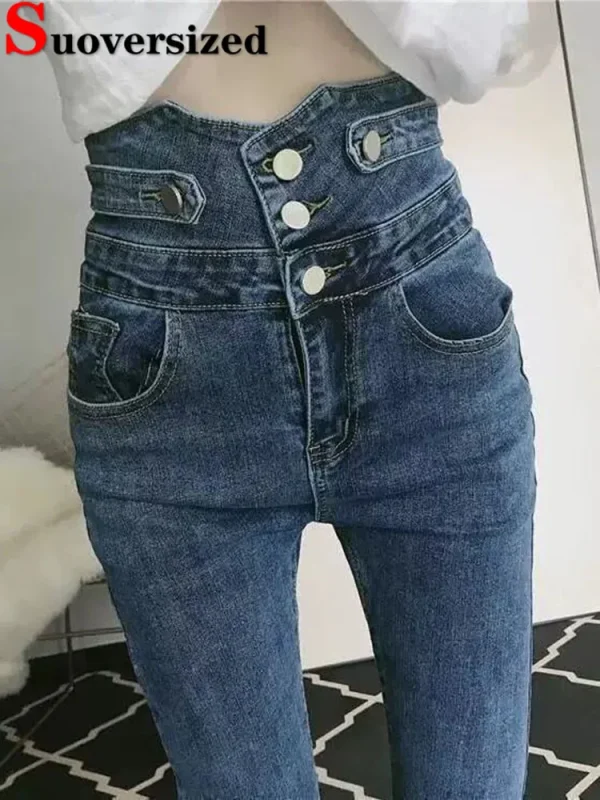 Korean Design High Waist Pencil Jeans Woman Casual Vintage Skinny Stretch Denim Pants Spring Fall Streetwear Solid Kot Pantolon - Image 2