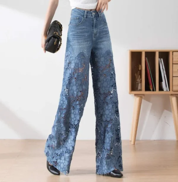 Denim Pant Women Jeans Hollow Out Floral Long Pants Slim Lace High Waist Straight Trousers Y2k Streetwear Splice Mom Party Club - Image 6