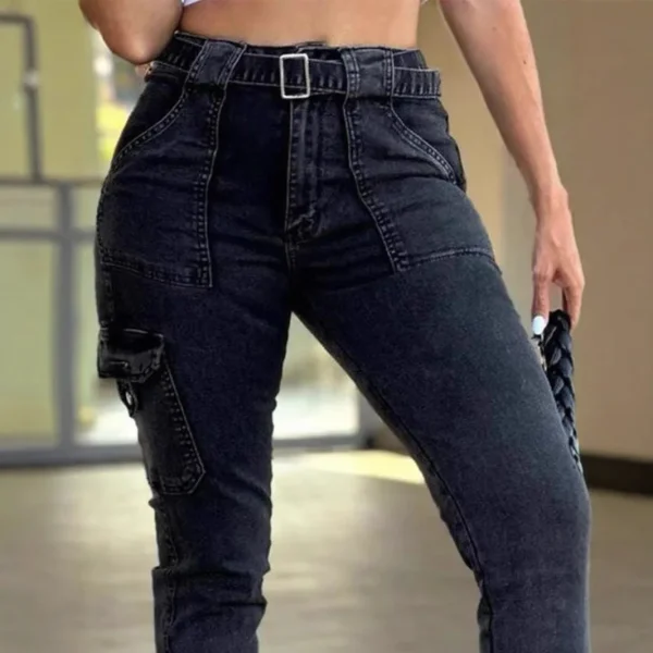 Europe and The United States Foreign Trade New Belt Women's Classic Sexy Tight Small Foot Pants High Spring Washed Cargo Jeans - Image 5
