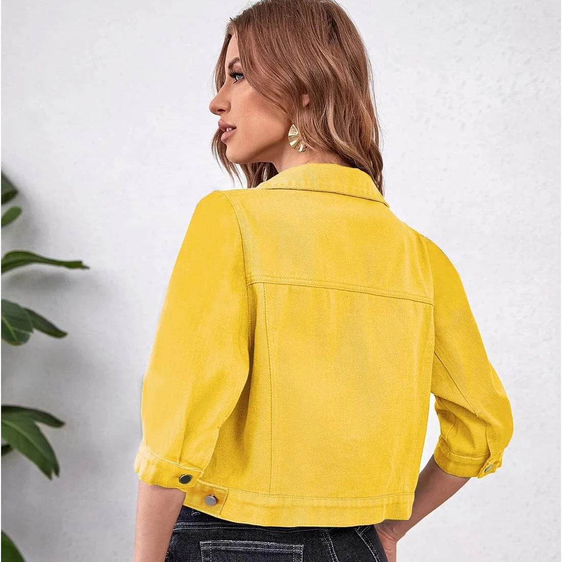 Womens Jean Jacket Cropped Denim Jackets Purple Yellow White Blue Stretchy 3/4 Puff Sleeve Distressed Shacket With Pockets - Image 5