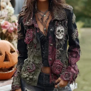 Autumn Winter Denim Retro 3D Printing Open Lined Jacket Winter Women Ethnic Casual Button Denim Jacke Top Vacation Jacket Women