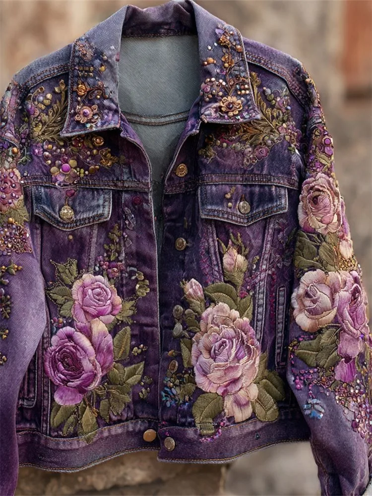 Autumn Winter Denim Retro 3D Printing Open Lined Jacket Winter Women Ethnic Casual Button Denim Jacke Top Vacation Jacket Women - Image 3