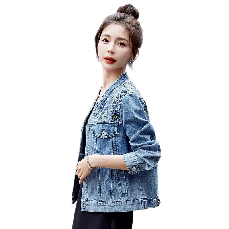 Vintage Short Denim Jackets Women's 2025 Autumn New Korean Bomber Tops Casual Sequins Embroidery Outwear Long Sleeve Jeans Coat - Image 2