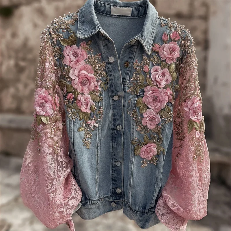 Autumn Winter Denim Retro 3D Printing Open Lined Jacket Winter Women Ethnic Casual Button Denim Jacke Top Vacation Jacket Women - Image 4