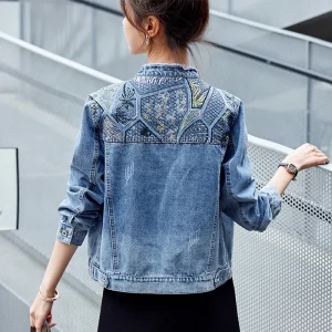 Vintage Short Denim Jackets Women's 2025 Autumn New Korean Bomber Tops Casual Sequins Embroidery Outwear Long Sleeve Jeans Coat