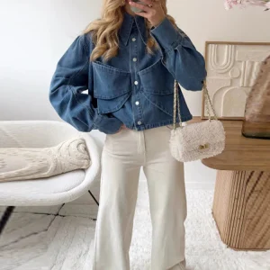 Denim Bow Pattern Fashion Jacket Women Single Breasted Loose Lapel Loose Short Coat 2025 Spring Street Pleated Chic Outwear Tops