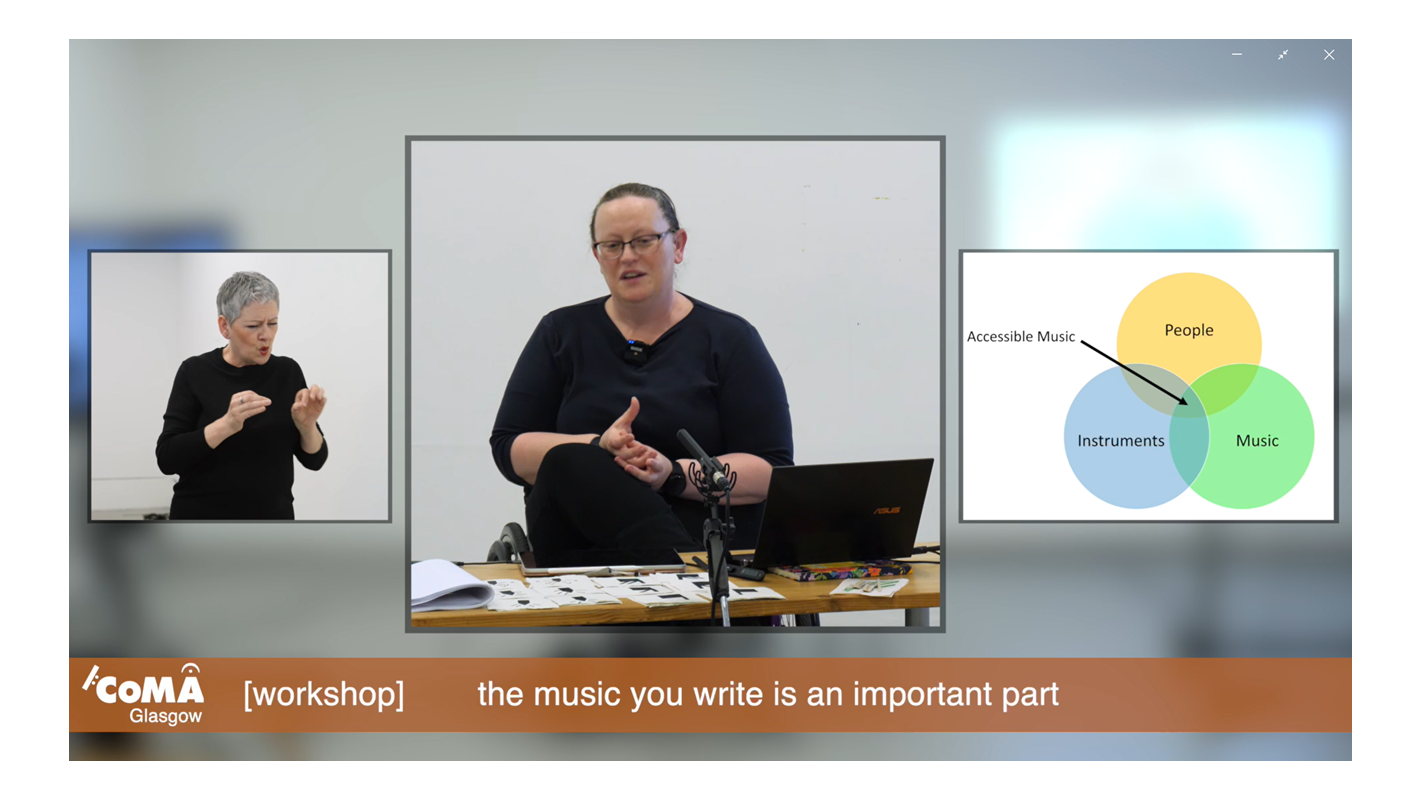 A 3 way split screen shows a BSL interpreter, a blonde lady presenting and a Venn diagram slide with circles labelled people, music, instruments and an arrow labelled accessibility points to the overlapping centre section