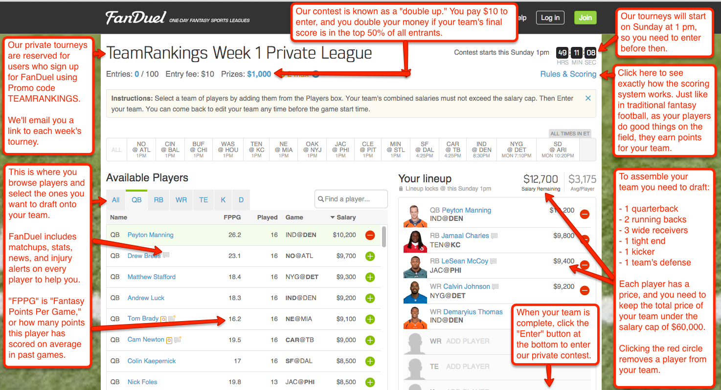 FanDuel Tutorial How To Enter A Team In FanDuel NFL Tournaments Notes