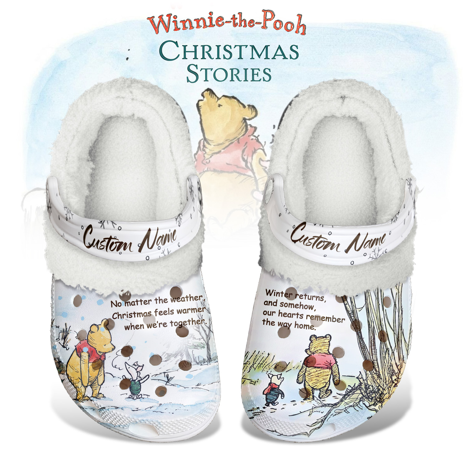Custom Name Warm Line Footwear Winnie The Pooh A Christmas Story Customized Fleece Clogs, Cute And Safe For Kids
