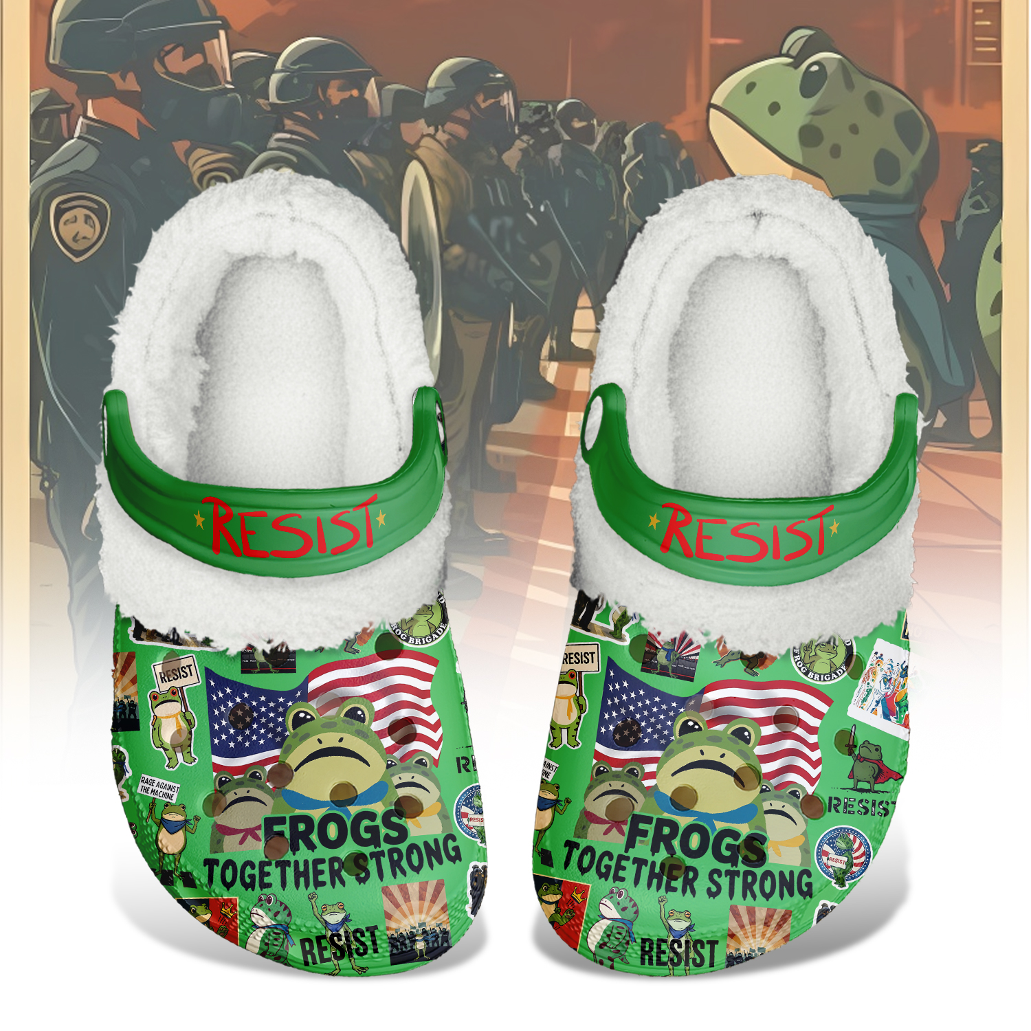 Funny Green Lined Sandals Portland Frog Resistant Together Strong Fuzzy Fleece Clogs, Fast Shipping Worldwide