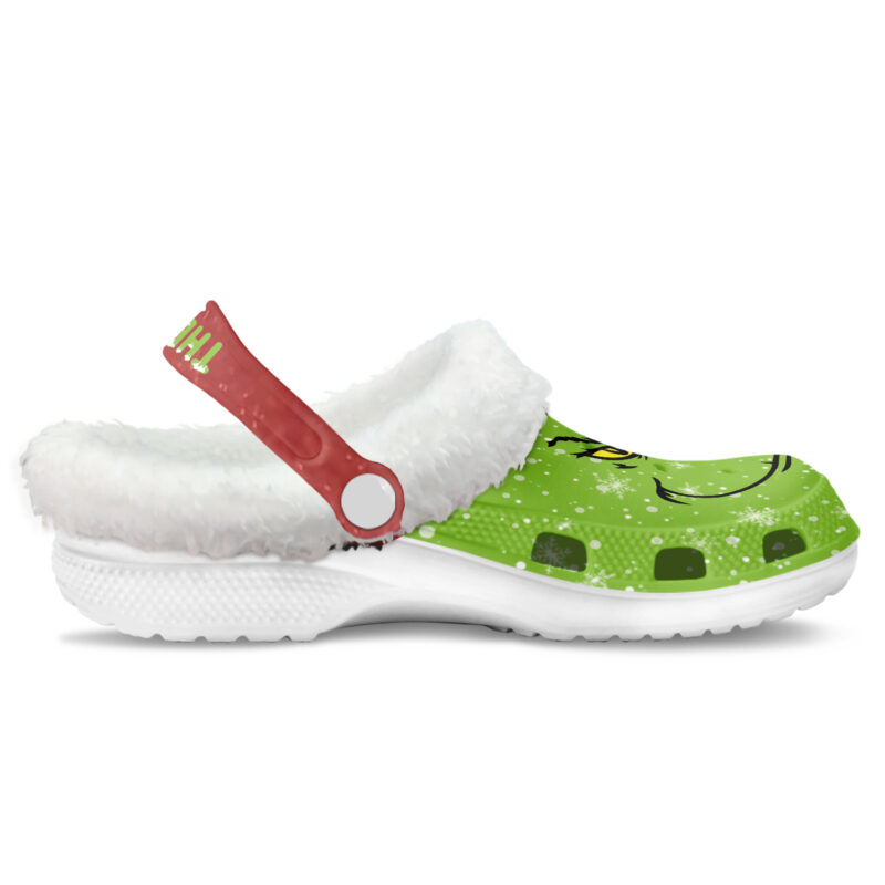 Funny Grinch Face & Snowflakes Green Fleece Lined Clogs