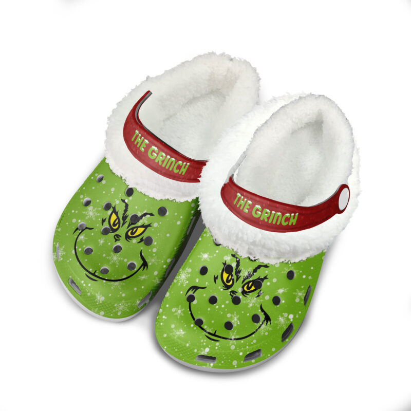 Funny Grinch Face & Snowflakes Green Fleece Lined Clogs