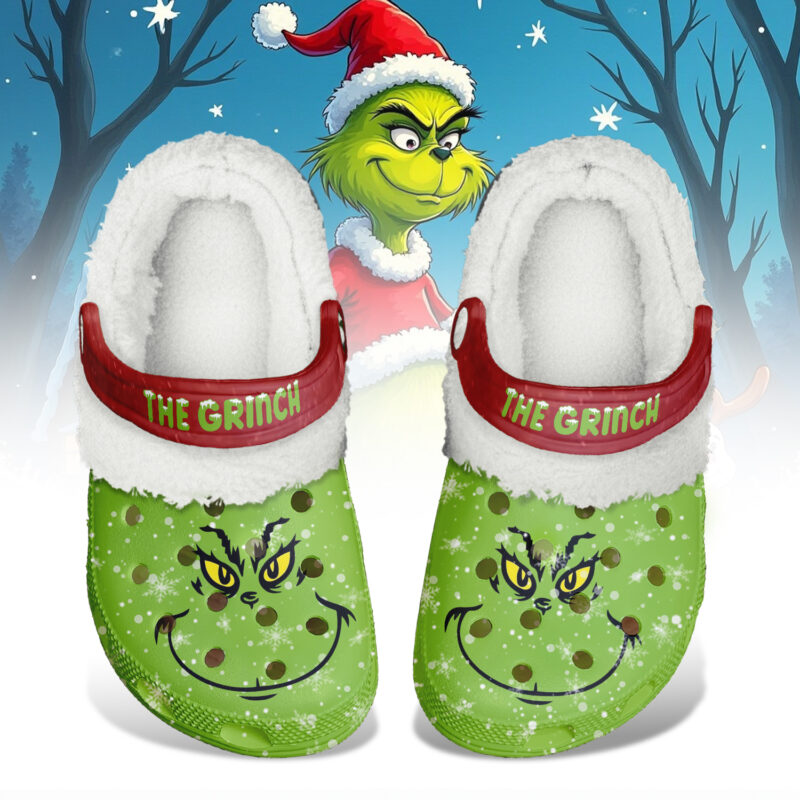 Funny Grinch Face & Snowflakes Green Fleece Lined Clogs 