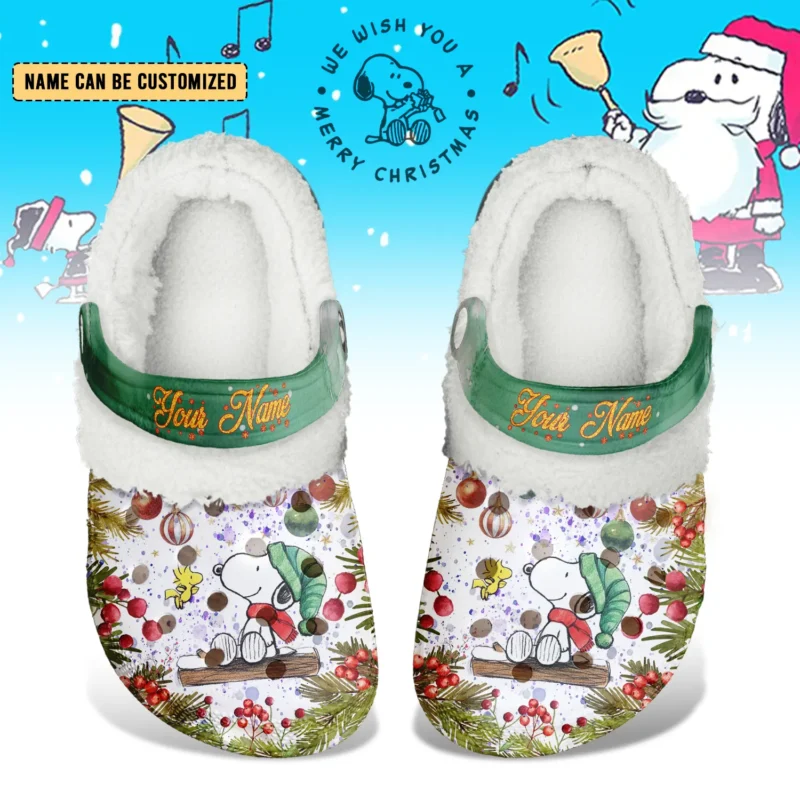 Personalized Merry Christmas Snoopy And Woodstock Fleece-Lined Clogs