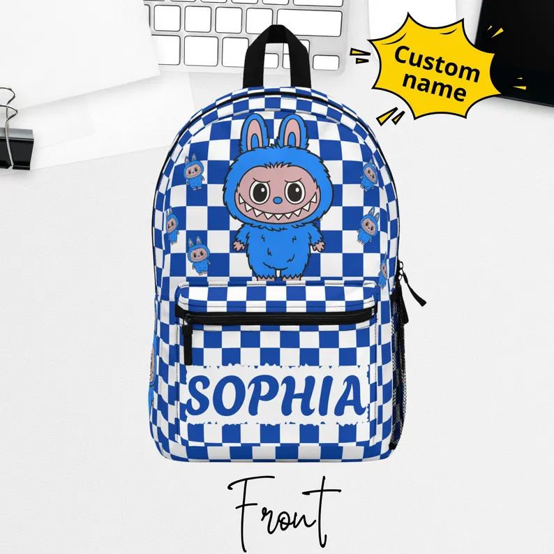 Cusomized Labubu Monster Caro Pattern Backpack, 3D Printed Travel & School Bag