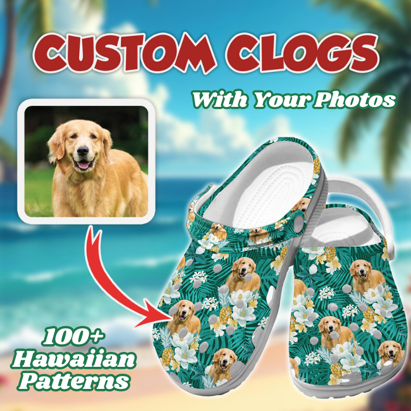 Custom Clogs With Face Photo and Hawaiian Flower Patterns, Personalized Clogs For Kids & Adults