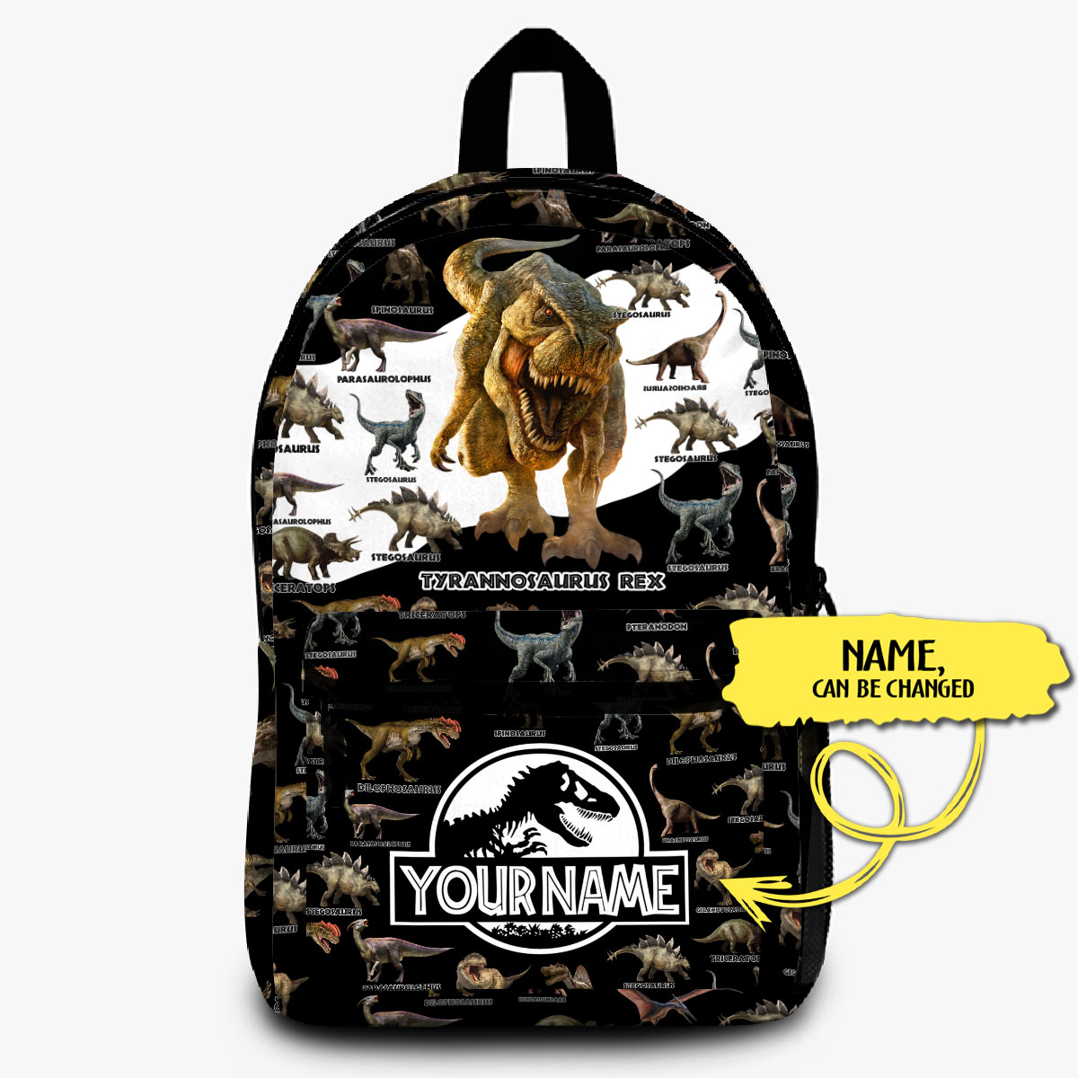 Custom Name Dinosaur All Over Printed Black & White Backpack
