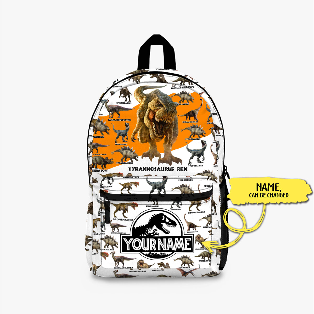 Custom Name Dinosaur All Over Printed Orange & White Backpack