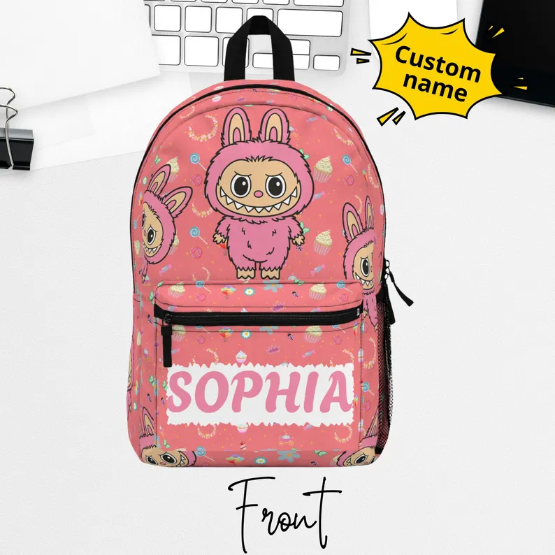 Funny Labubu Monster & Colorful Candy Pattern Custom Name Backpack, Fast Shipping Available