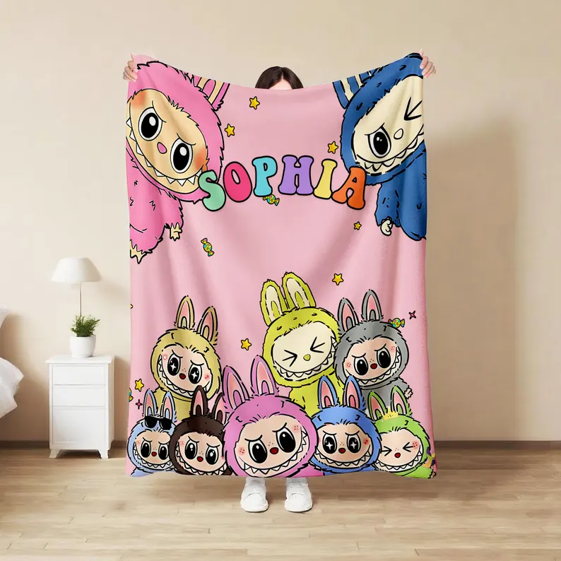 Cozy Labubu Monsters Full-Printed Fleece Blanket, Custom Name Blanket For Labubu Fans 