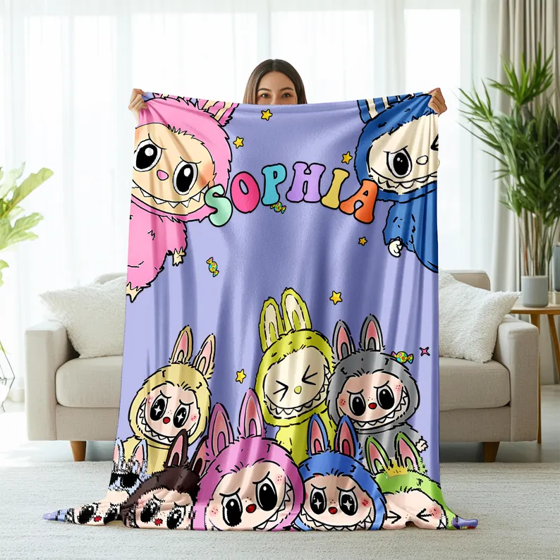 Cozy Labubu Monsters Full-Printed Purple Fleece Blanket, Custom Name Blanket For Labubu Fans 
