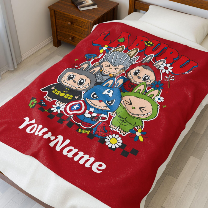 Custom Name Superhero Labubu All Over Printed Red Fleece Blanket 