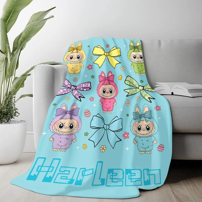 Personalized Labubu Monsters And Colorful Bows Full-Printed Fleece Blanket 