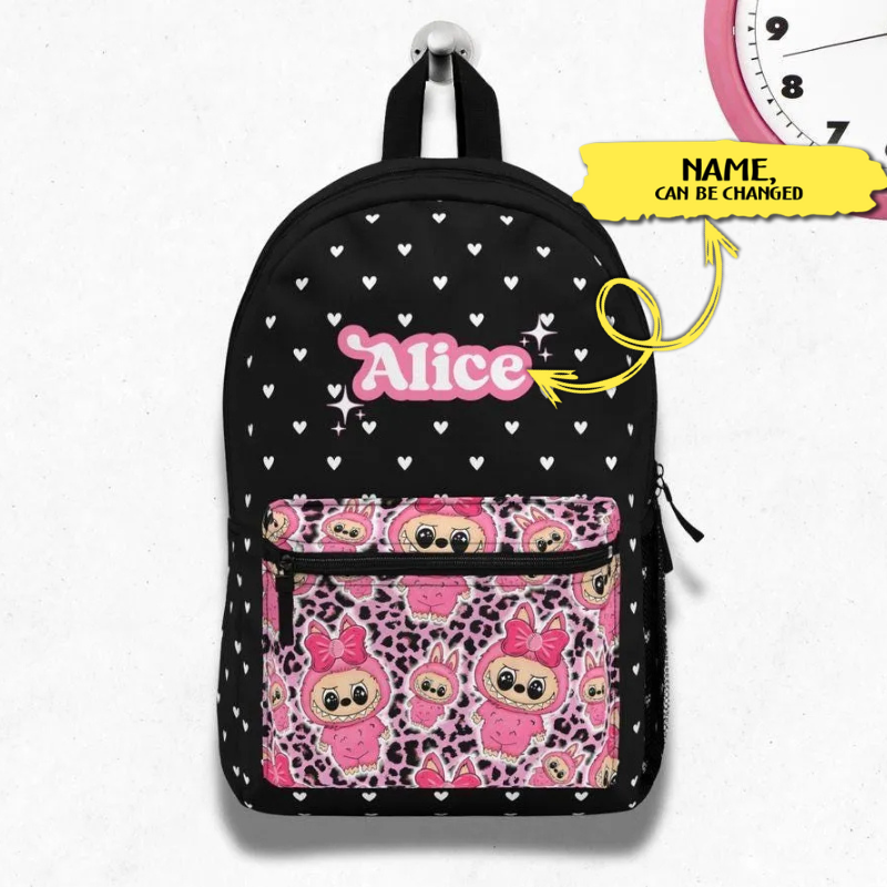 Personalized Pink Labubu And Tiny Heart Pattern Black Backpack