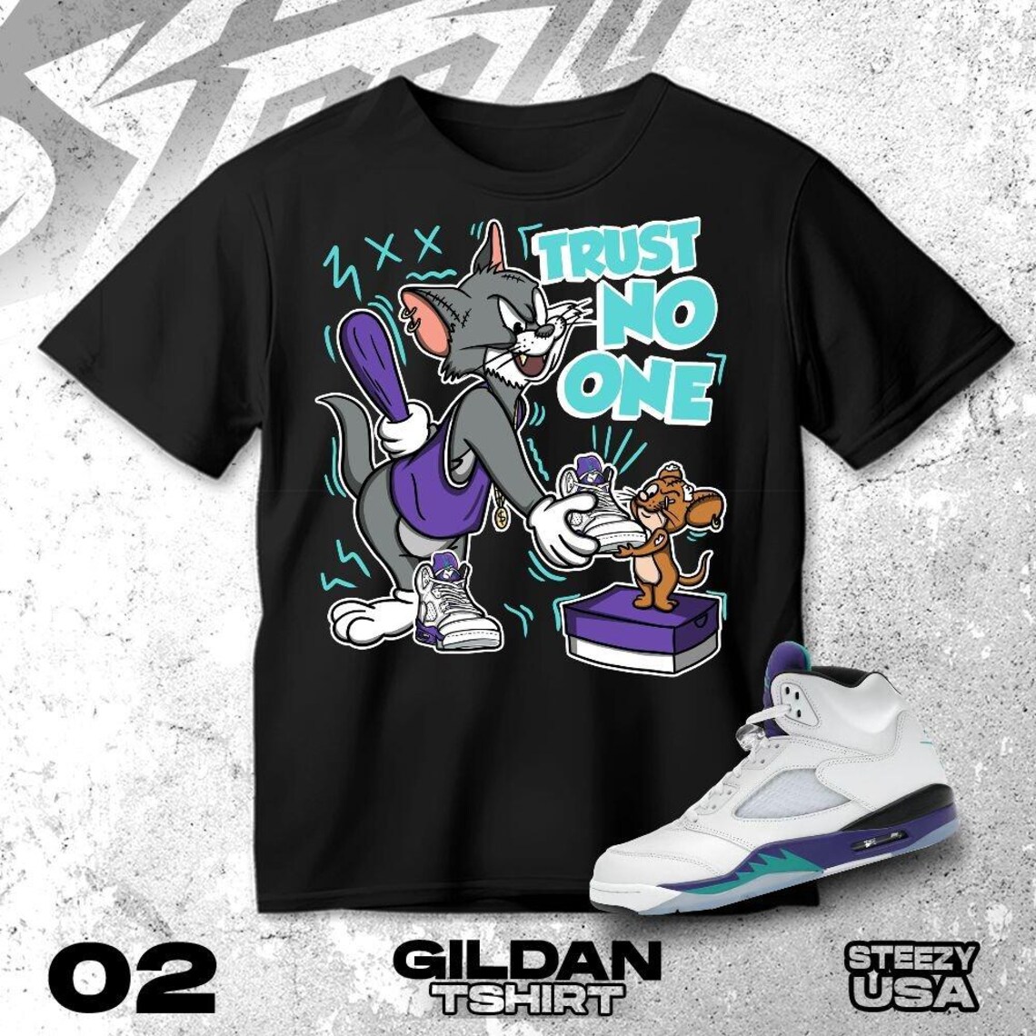 Trust No One Tom & Jerry Funny Graphic AJ 5 Grape T-Shirt