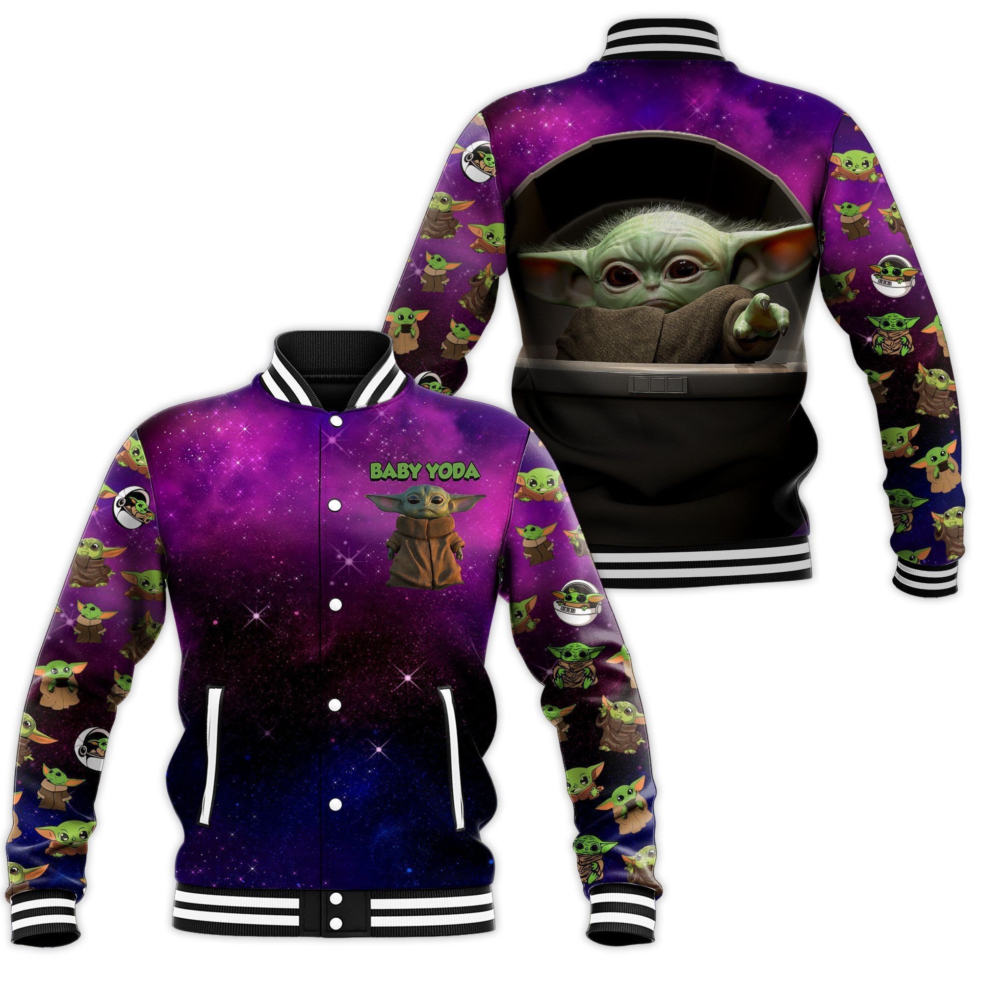 Baby Yoda Playful Pattern Purple Galaxy Baseball Jacket