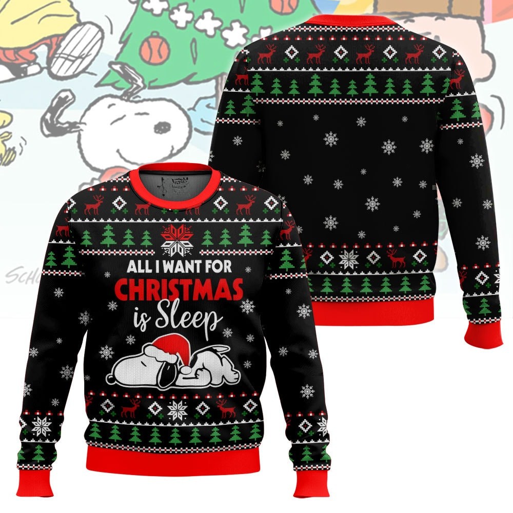 Black Color Lazy Snoopy All I Want For Christmas Is Sleep 3D All Over Printed Ugly Sweater