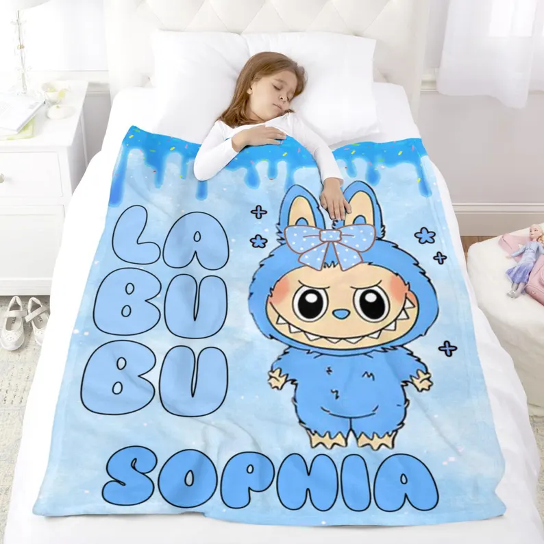 Custom Name Adorable Labubu Blue Color Fleece Blanket