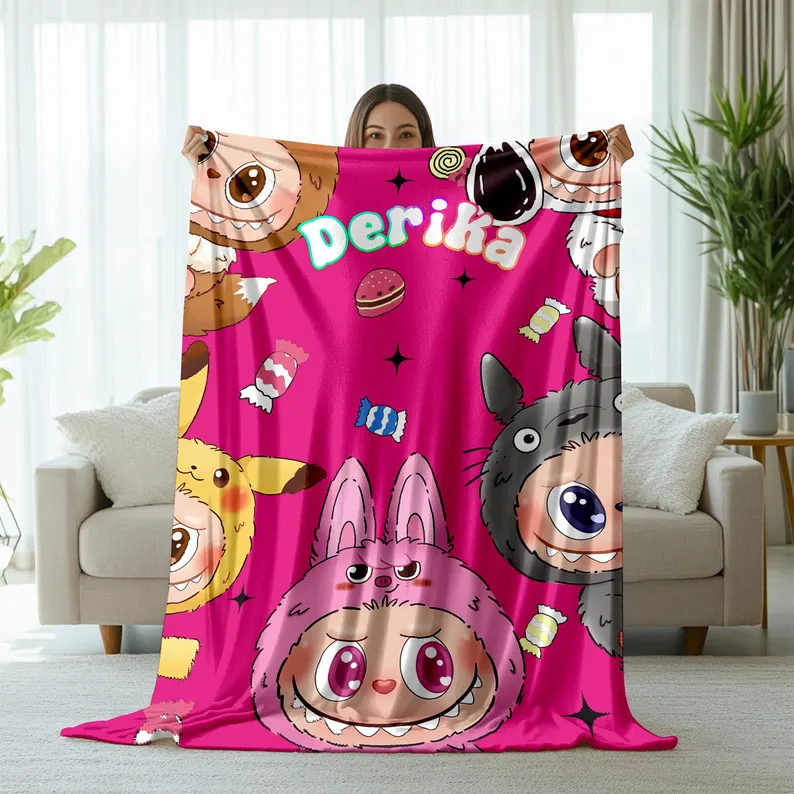 Custom Name Labubu Monsters And Candy Pink Fleece Blanket